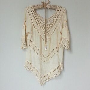 Boho Crochet Macrame Blouse 3/4 Sleeve V Neck